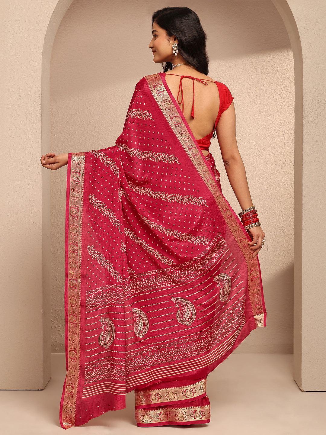  Red Bandhani Printed Silk Blend Saree With Unstitched Blouse Piece 