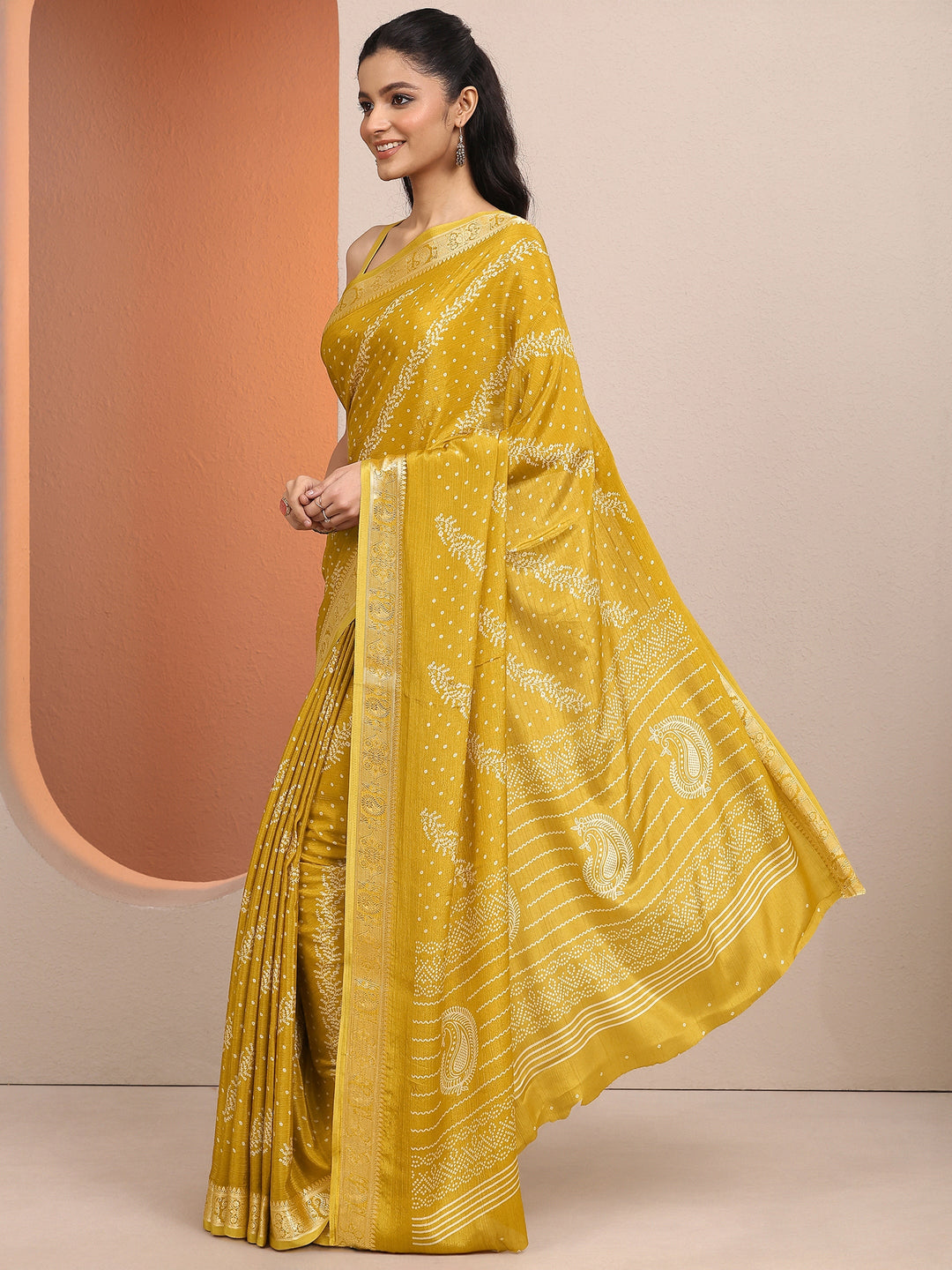  Mustard Bandhani Printed Silk Blend Saree With Unstitched Blouse Piece 