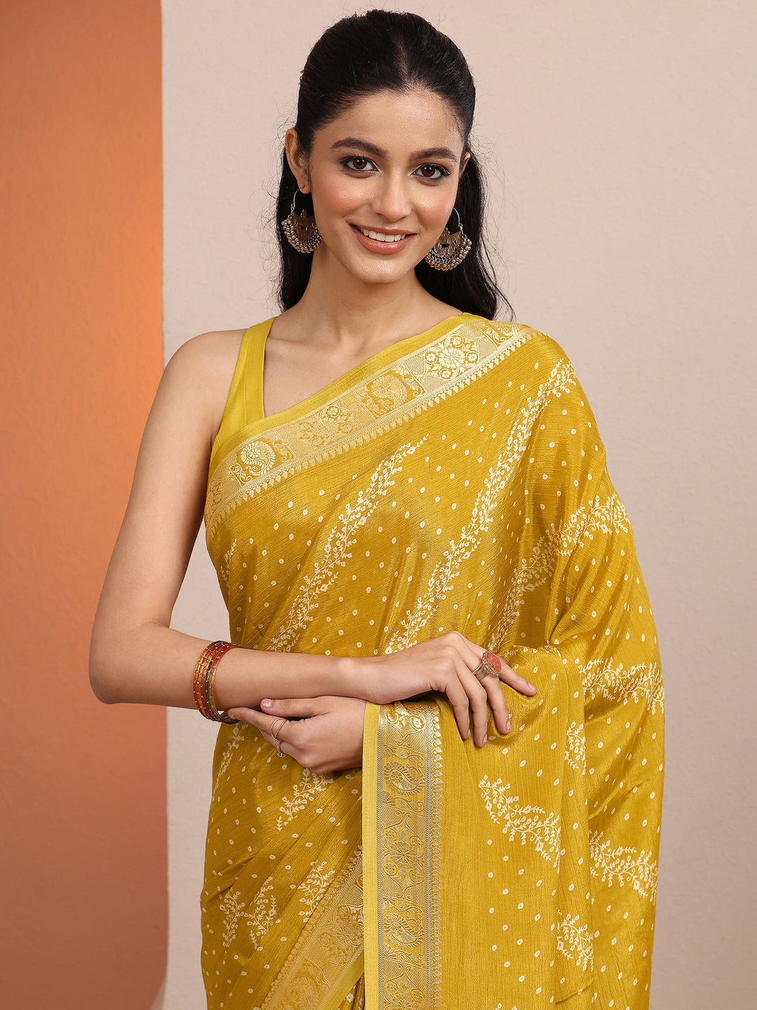  Mustard Bandhani Printed Silk Blend Saree With Unstitched Blouse Piece 