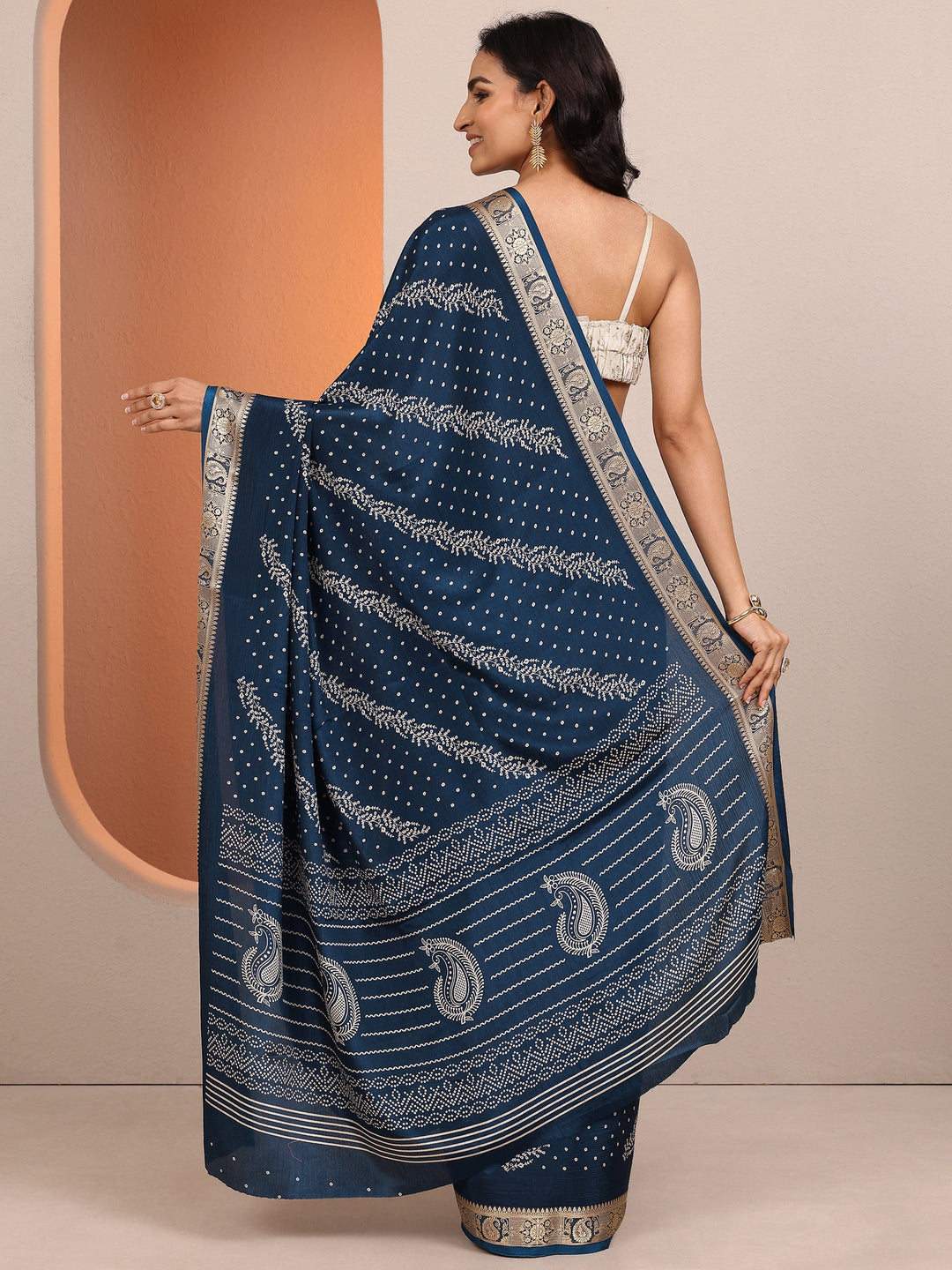  Navy Blue Bandhani Printed Silk Blend Saree With Unstitched Blouse Piece 