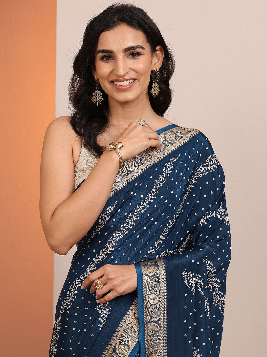 Navy Blue Bandhani Printed Silk Blend Saree With Unstitched Blouse Piece 
