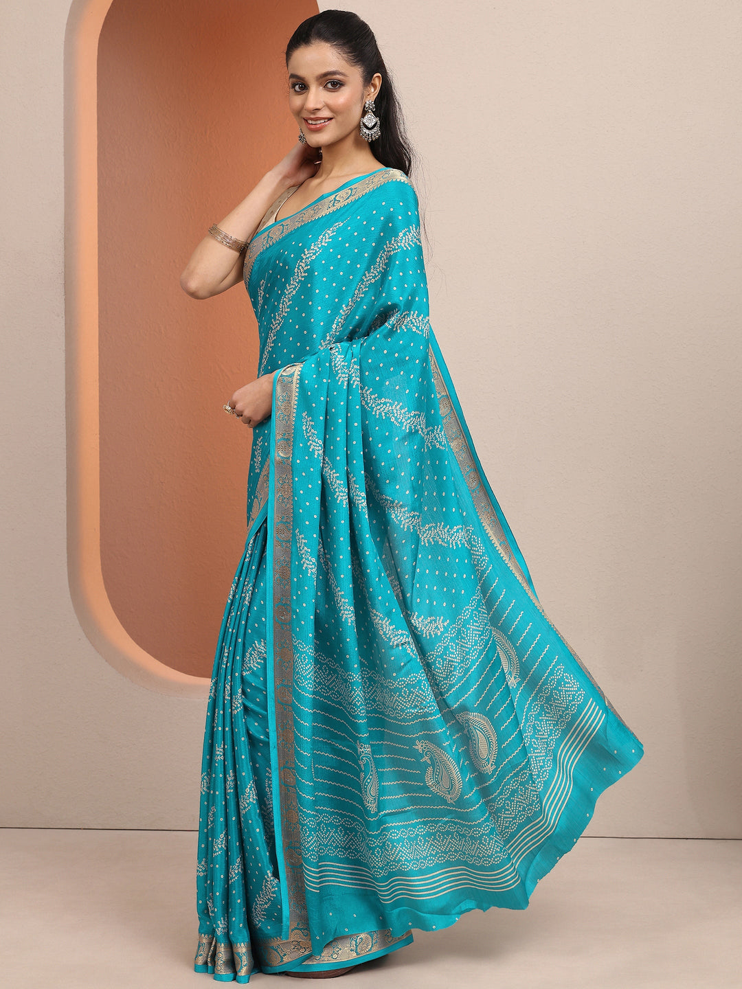  Blue Bandhani Printed Silk Blend Saree With Unstitched Blouse Piece 