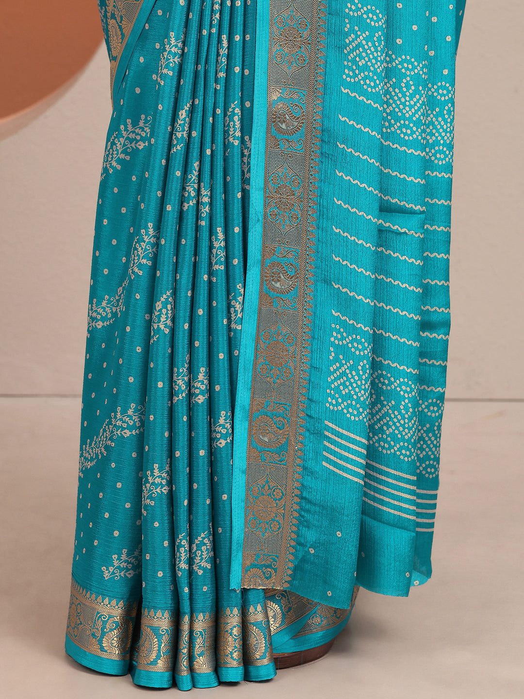  Blue Bandhani Printed Silk Blend Saree With Unstitched Blouse Piece 