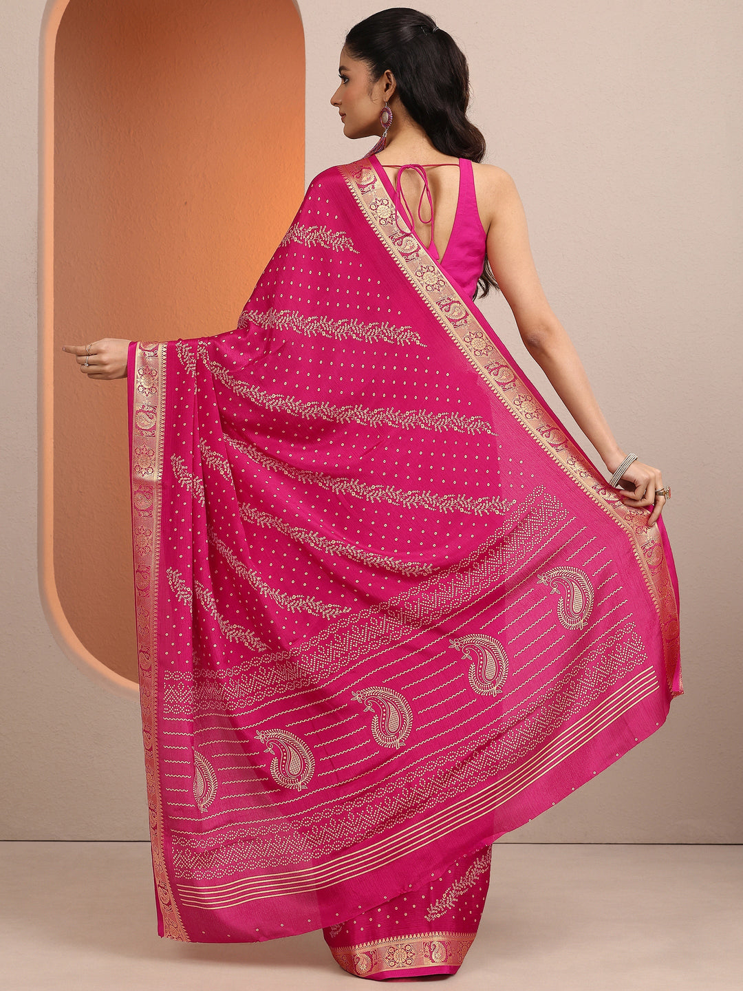  Pink Bandhani Printed Silk Blend Saree With Unstitched Blouse Piece 