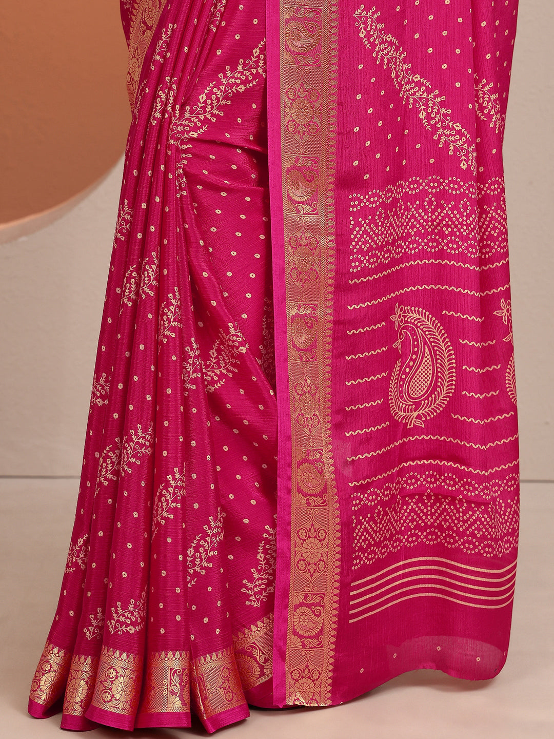  Pink Bandhani Printed Silk Blend Saree With Unstitched Blouse Piece 