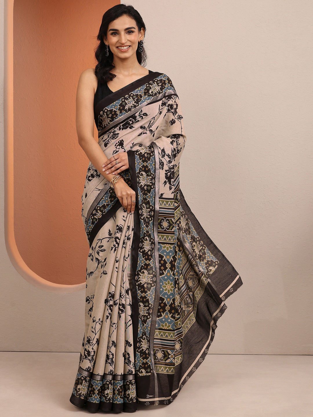  Beige Printed Silk Blend Saree With Unstitched Blouse Piece 