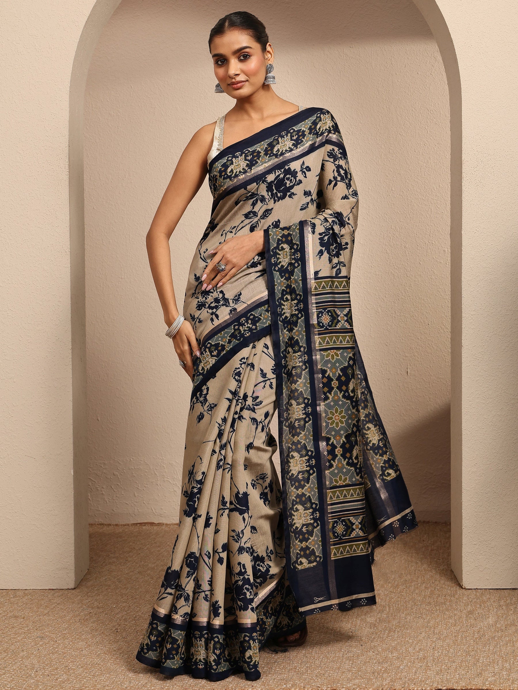 Beige Printed Silk Blend A-Line Kurti