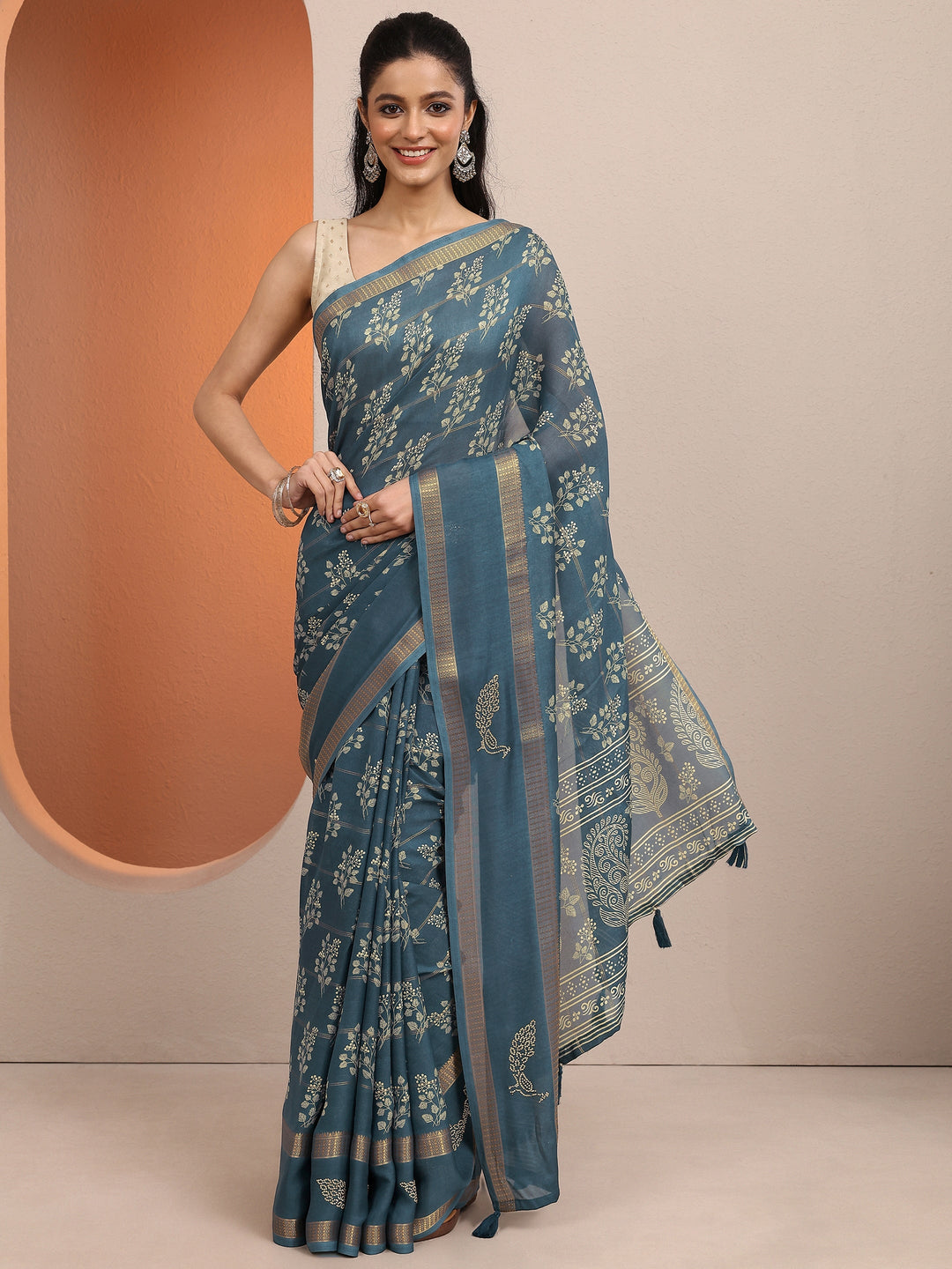  Blue Printed Silk Blend Saree With Unstitched Blouse Piece 