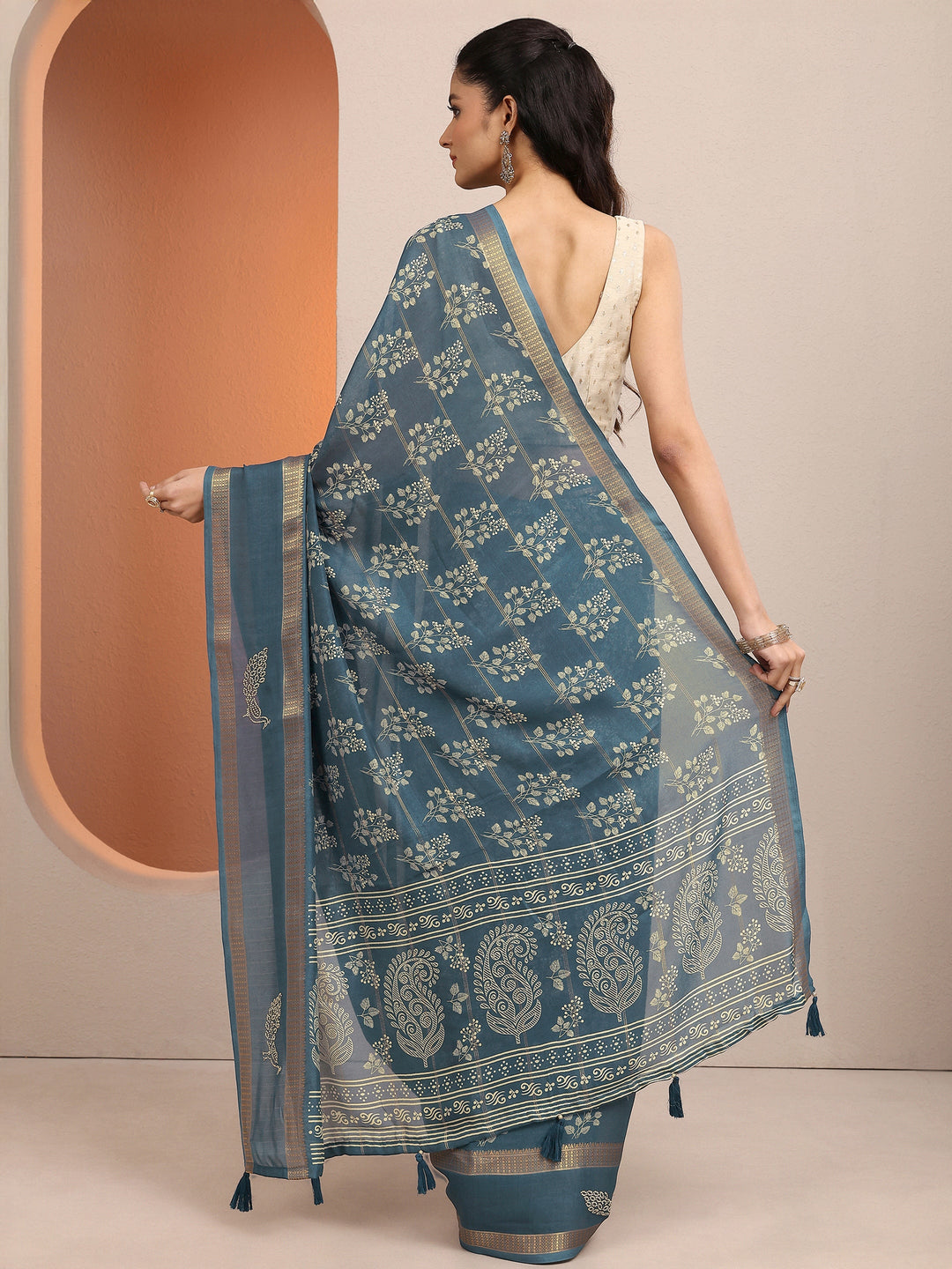  Blue Printed Silk Blend Saree With Unstitched Blouse Piece 
