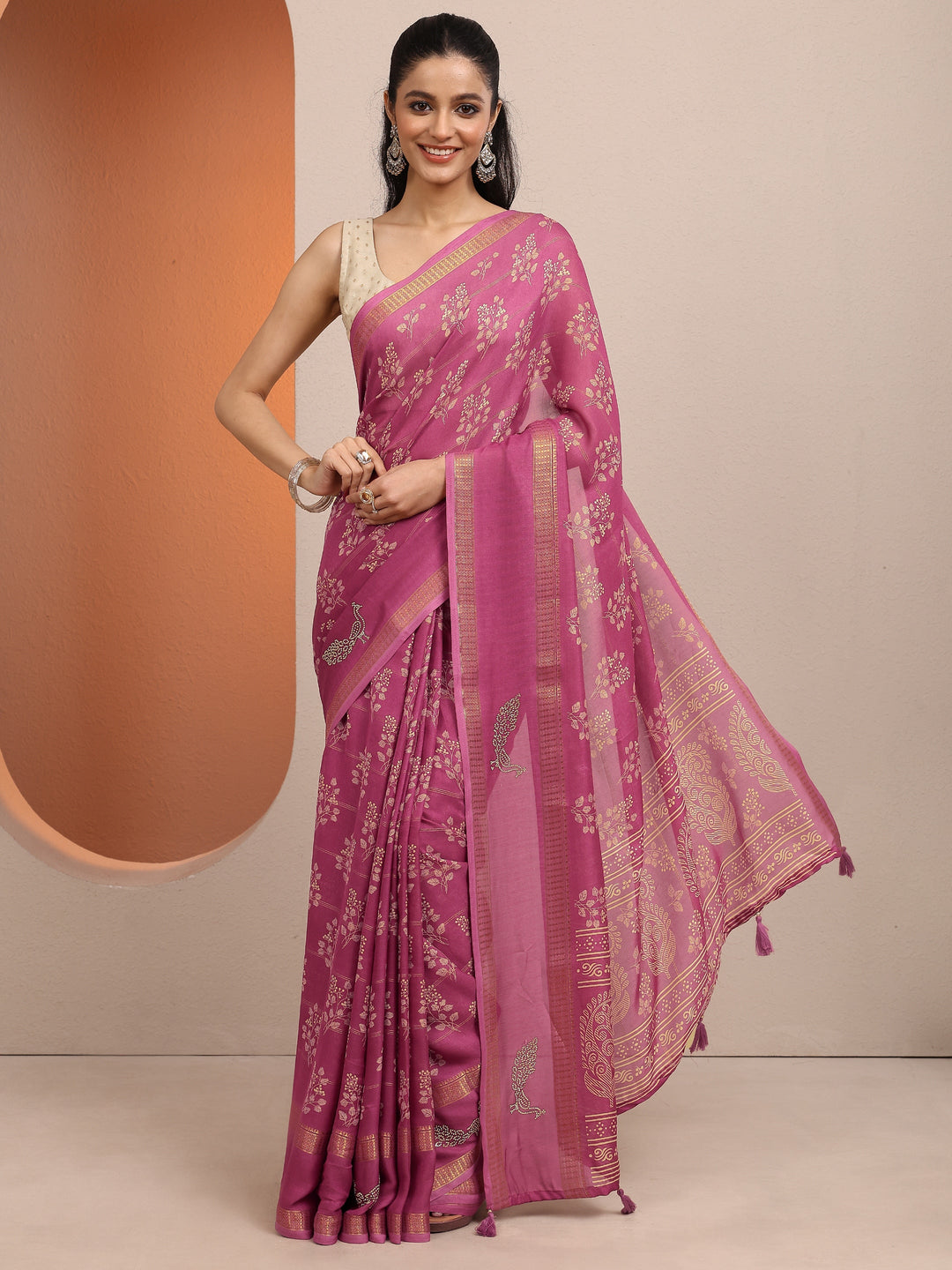 Mauve Printed Silk Blend Saree With Unstitched Blouse Piece