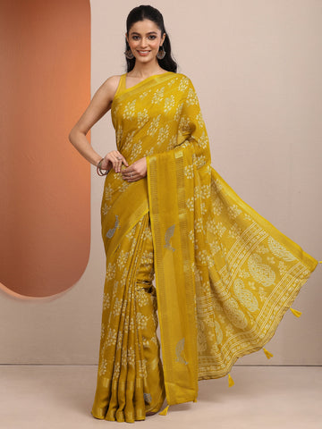 Mustard Printed Silk Blend Saree With Unstitched Blouse Piece