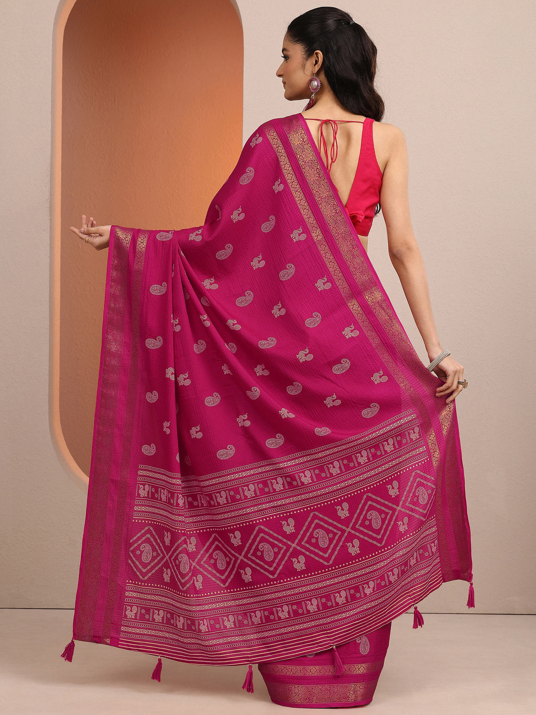  Pink Paisley Printed Silk Blend Saree With Unstitched Blouse Piece 