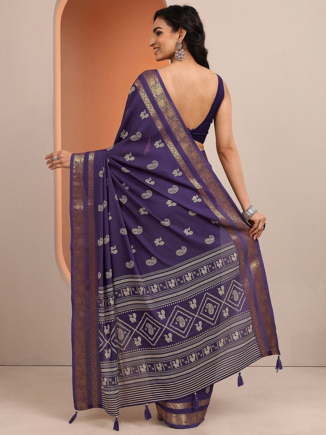  Purple Paisley Printed Silk Blend Saree With Unstitched Blouse Piece 