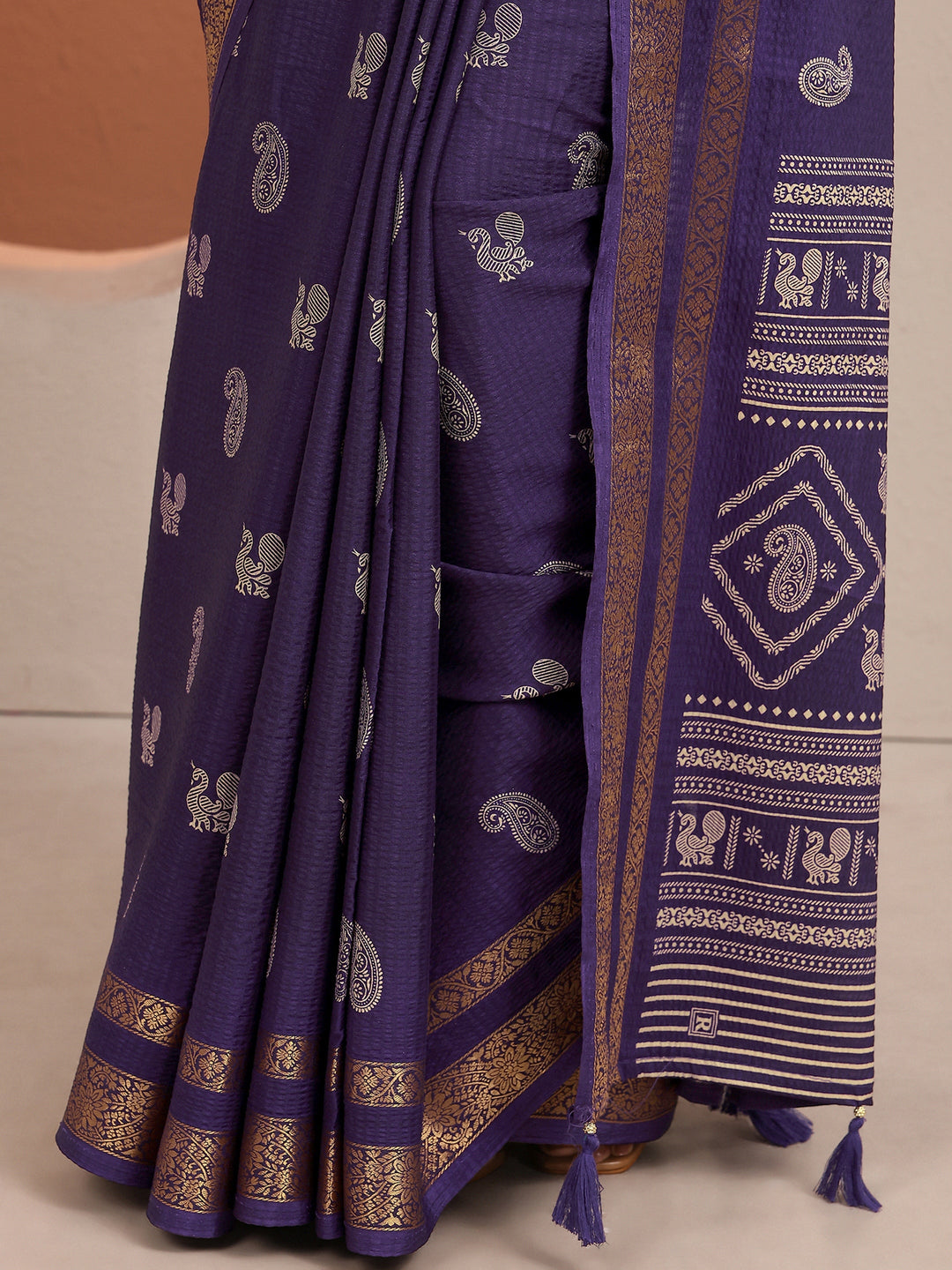  Purple Paisley Printed Silk Blend Saree With Unstitched Blouse Piece 