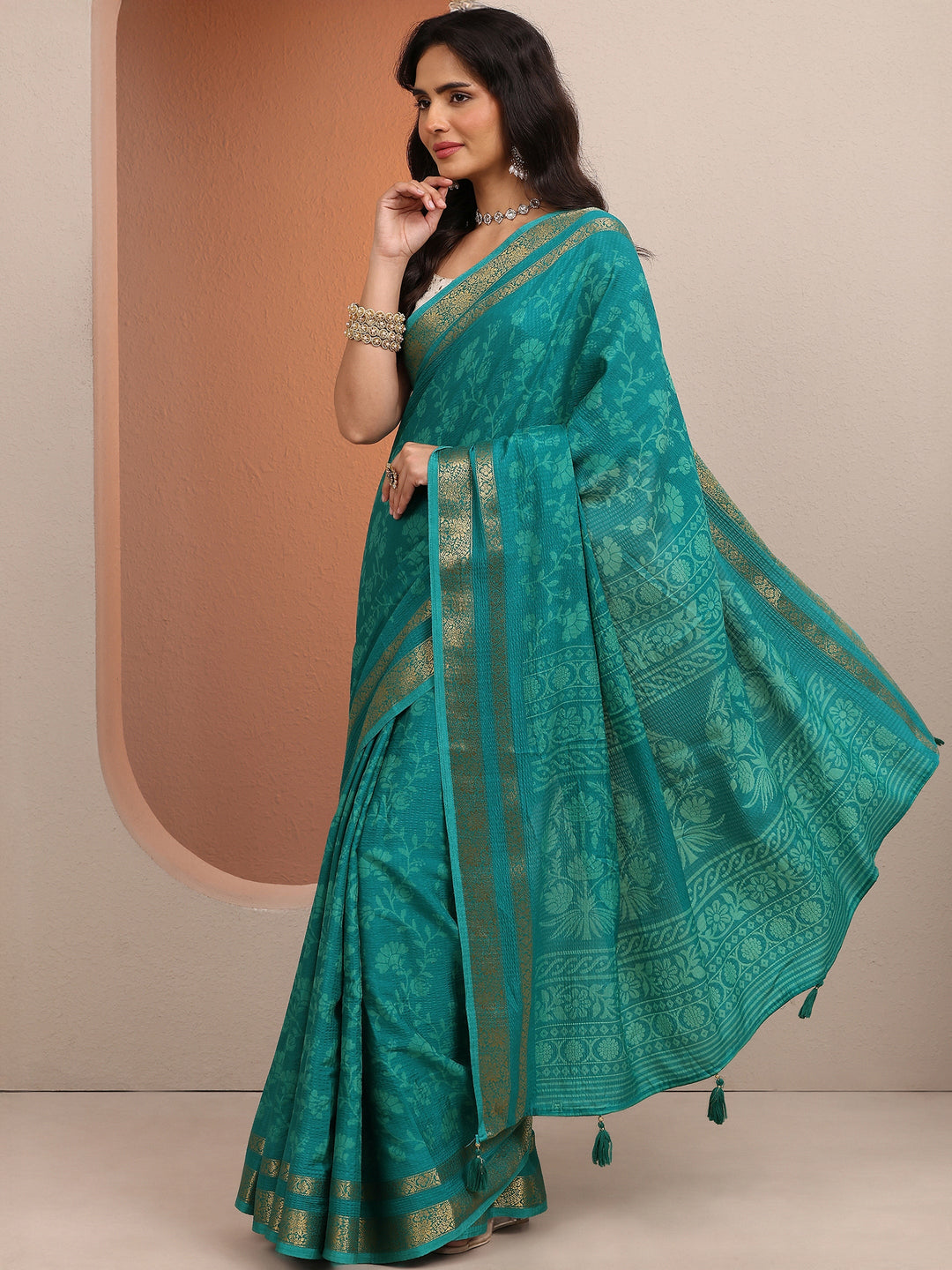  Blue Printed Silk Blend Saree With Unstitched Blouse Piece 