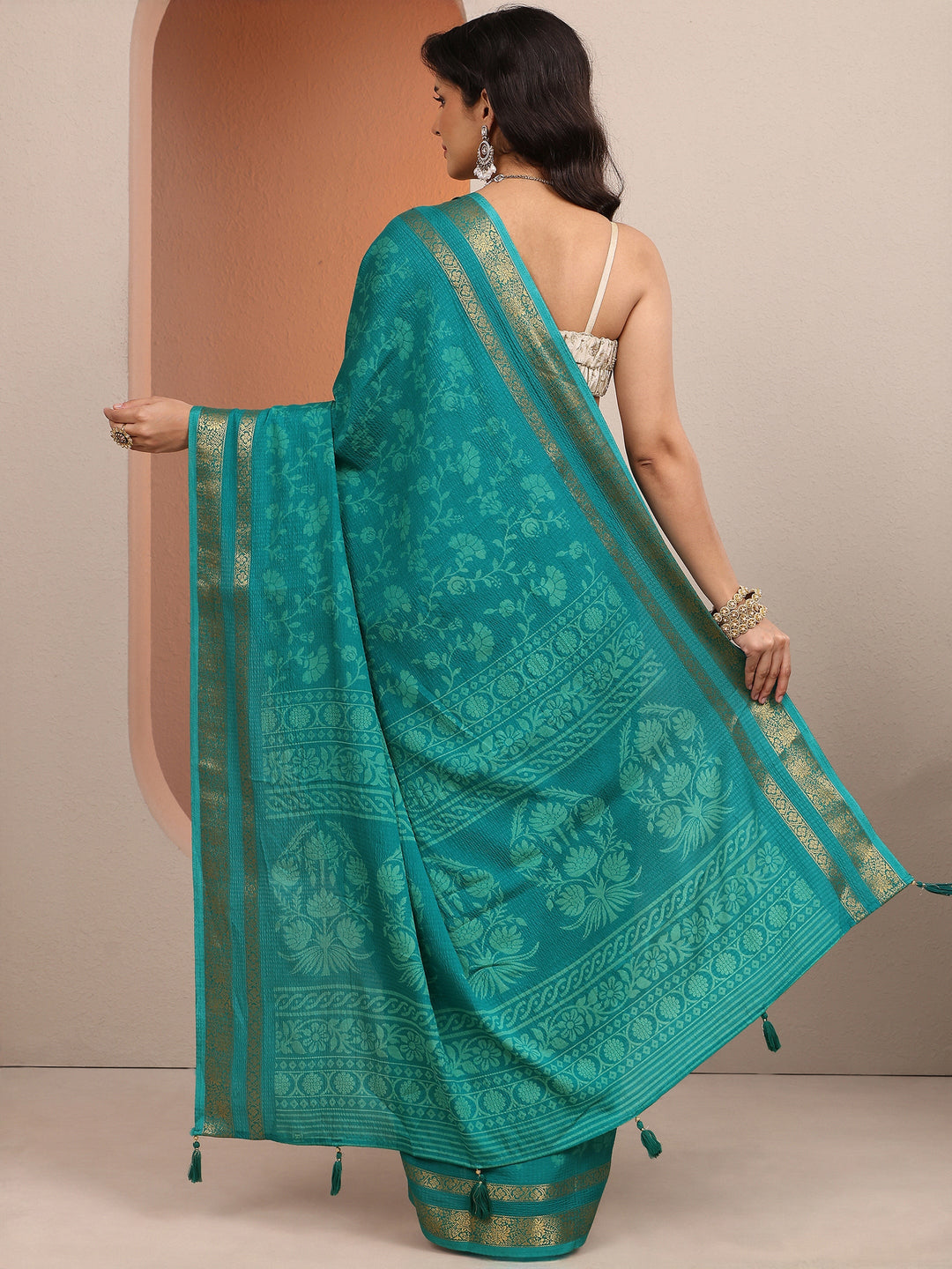  Blue Printed Silk Blend Saree With Unstitched Blouse Piece 