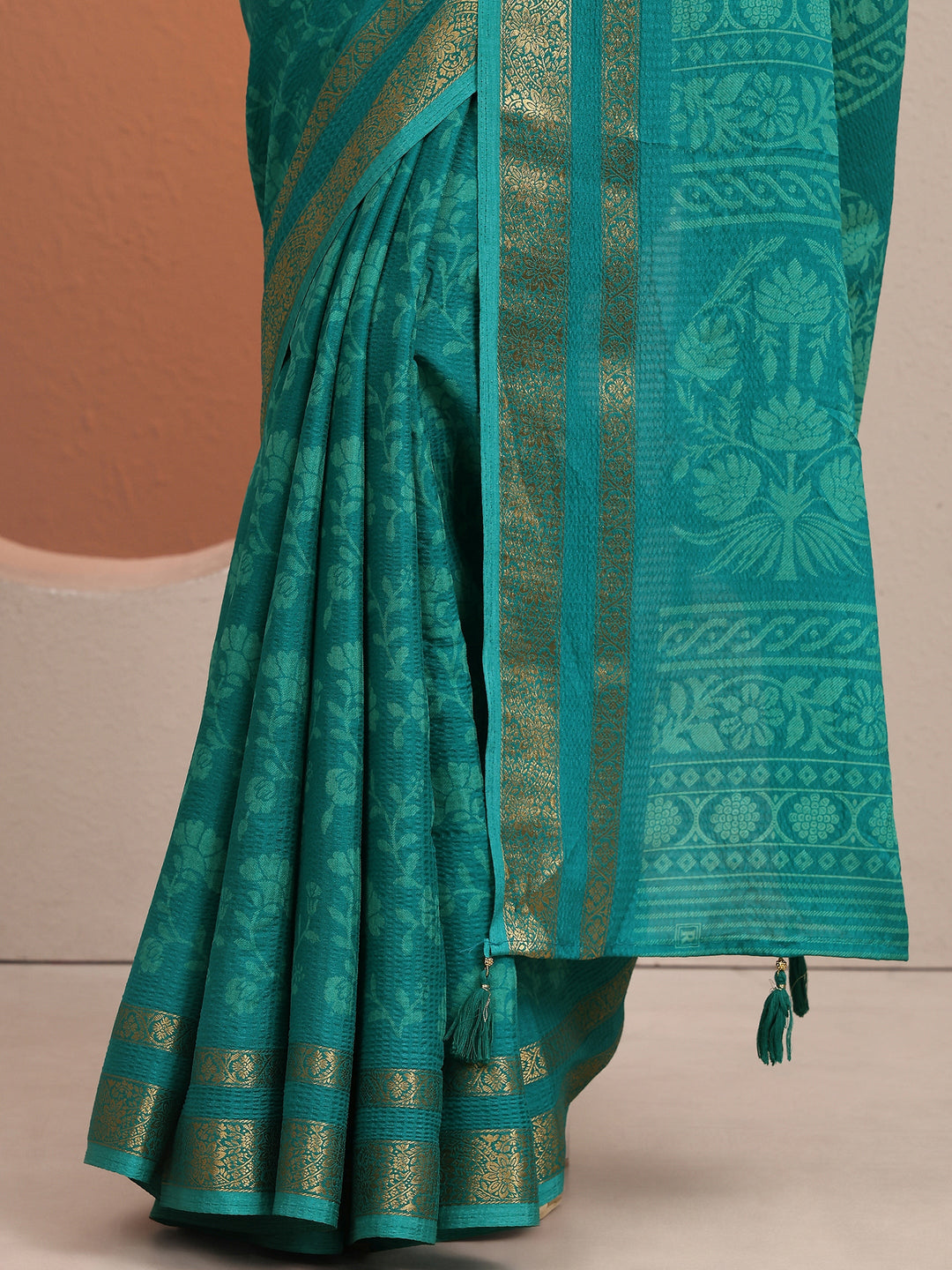  Blue Printed Silk Blend Saree With Unstitched Blouse Piece 