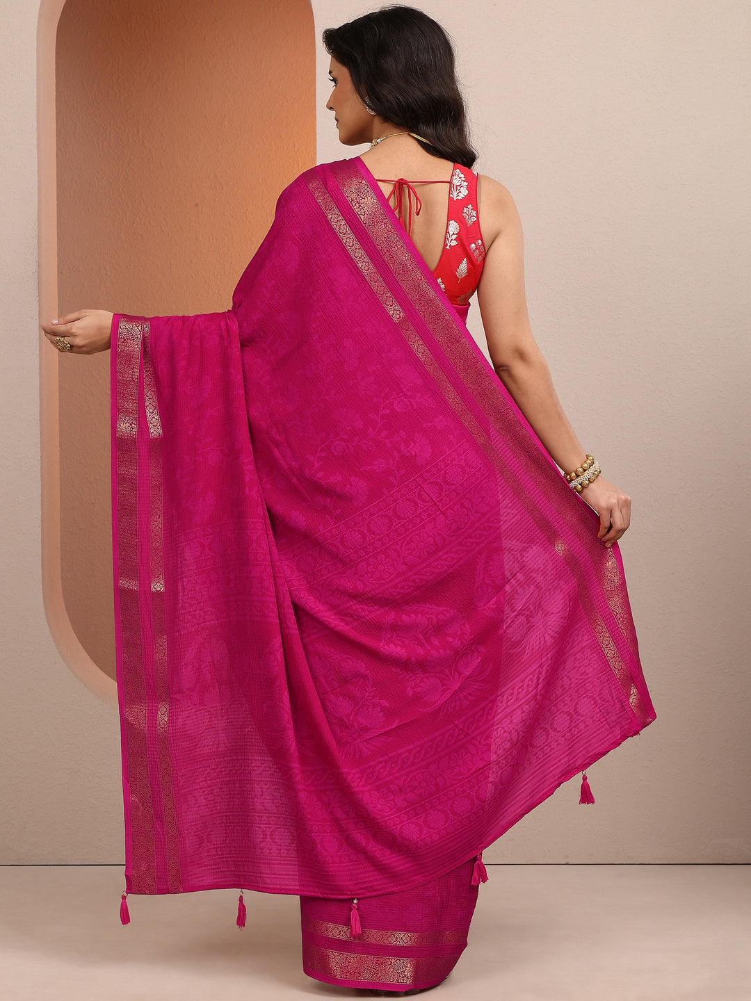  Pink Printed Silk Blend Saree With Unstitched Blouse Piece 