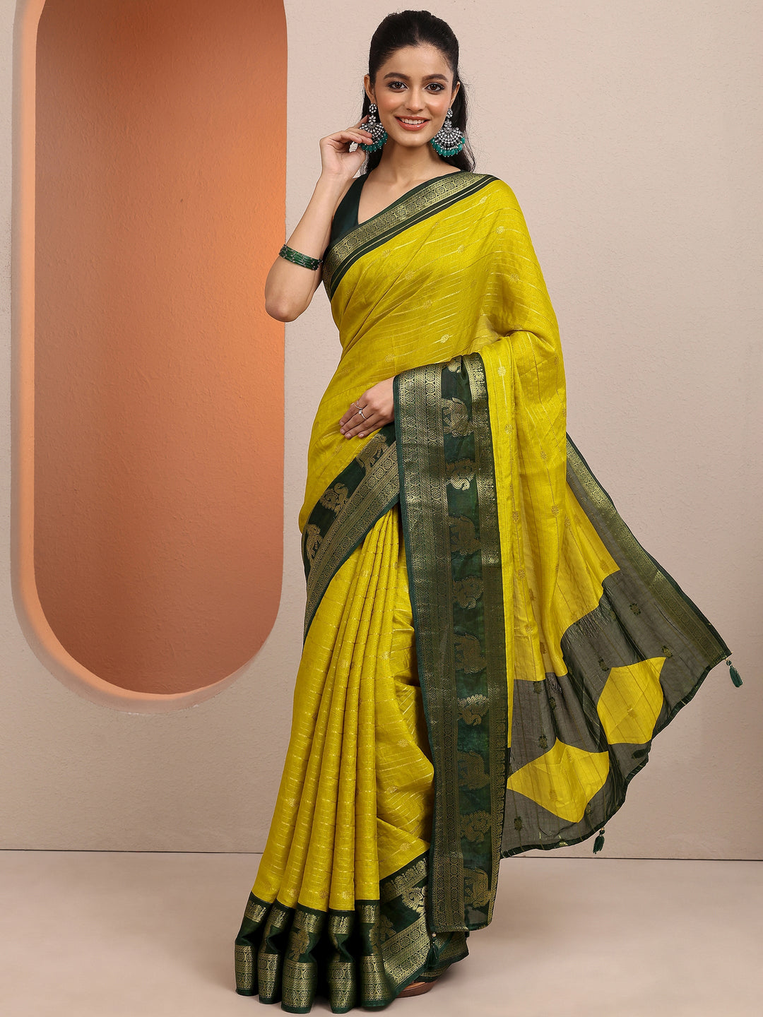  Lime Green Woven Design Banarsi Silk Blend Saree With Unstitched Blouse Piece 