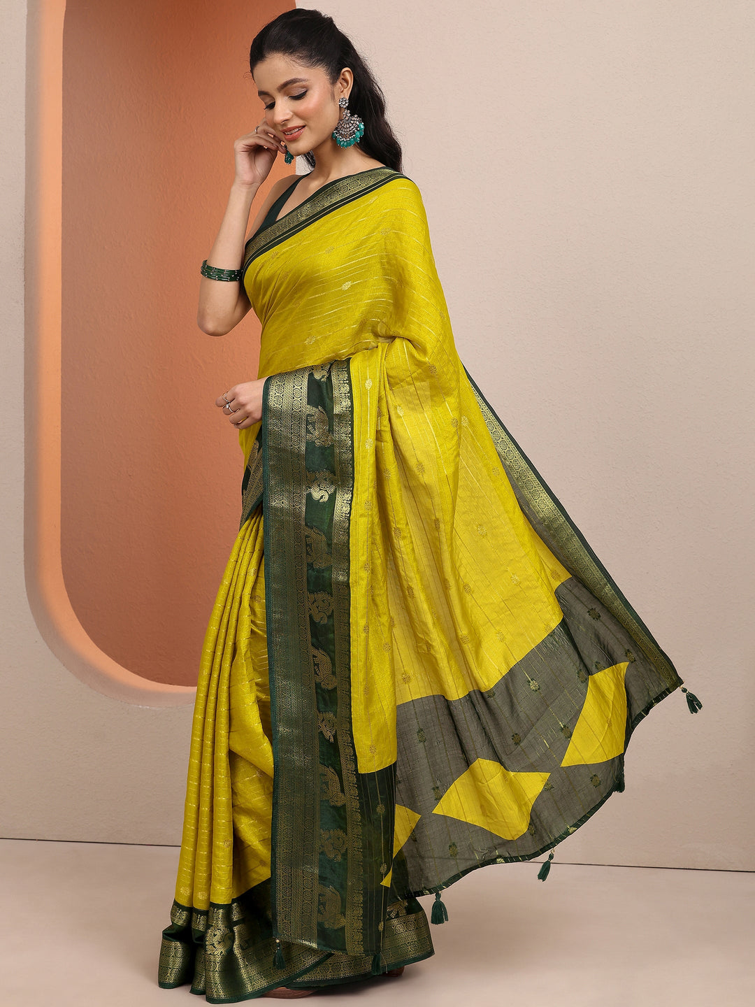  Lime Green Woven Design Banarsi Silk Blend Saree With Unstitched Blouse Piece 