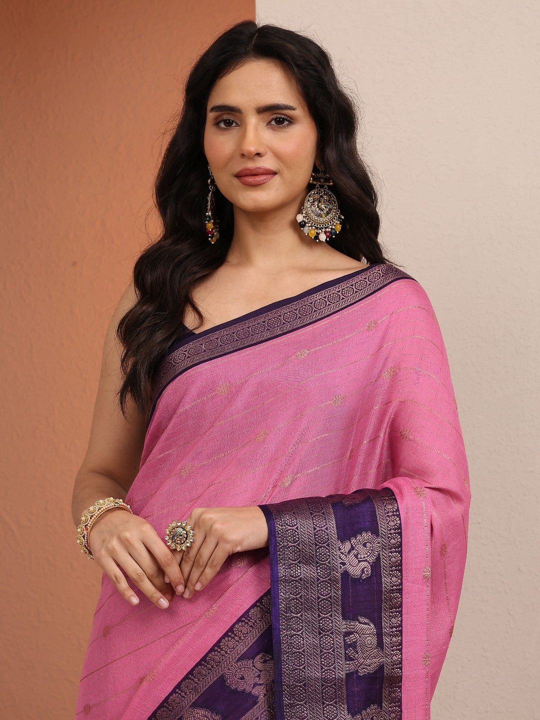  Pink Woven Design Banarsi Silk Blend Saree With Unstitched Blouse Piece 