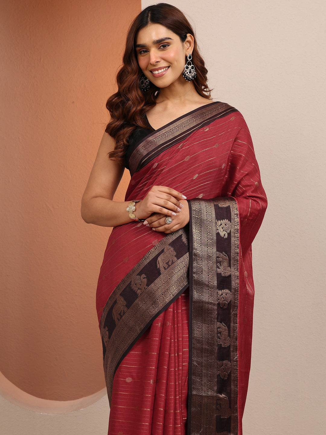 Red Woven Design Banarsi Silk Blend Saree With Unstitched Blouse Piece 
