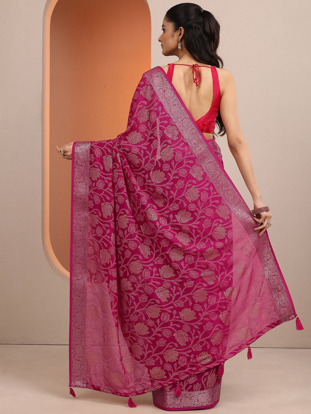  Pink Woven Design Banarsi Silk Blend Saree With Unstitched Blouse Piece 