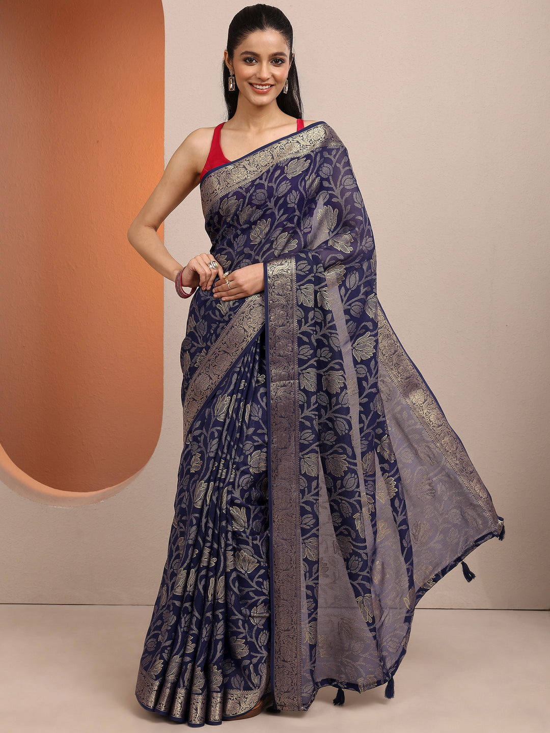 Navy Blue Woven Design Banarsi Silk Blend Saree With Unstitched Blouse Piece