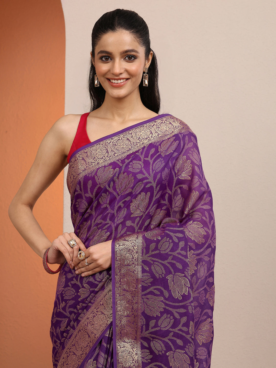  Purple Woven Design Banarsi Silk Blend Saree With Unstitched Blouse Piece 