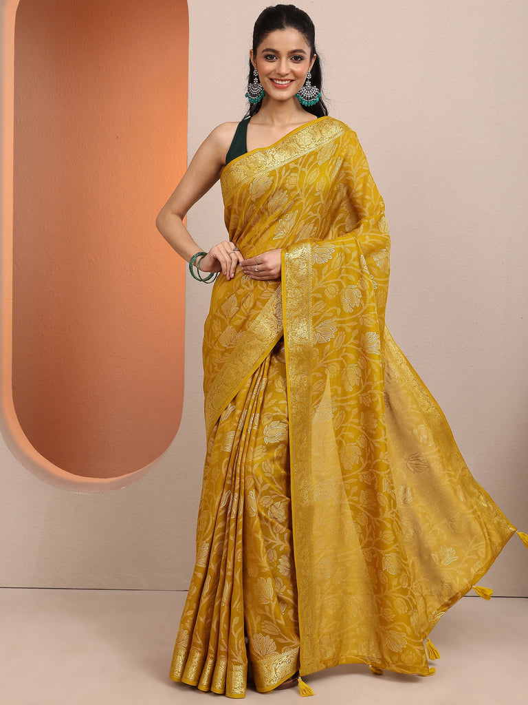 Libas Mustard Woven Design Banarsi Silk Blend Saree With Unstitched Blouse Piece