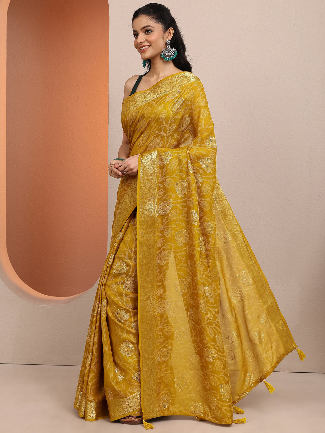  Mustard Woven Design Banarsi Silk Blend Saree With Unstitched Blouse Piece 