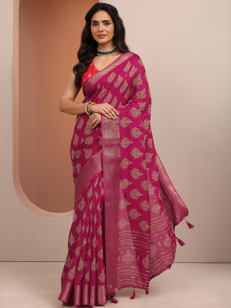 Libas Pink Printed Silk Blend Saree With Unstitched Blouse Piece