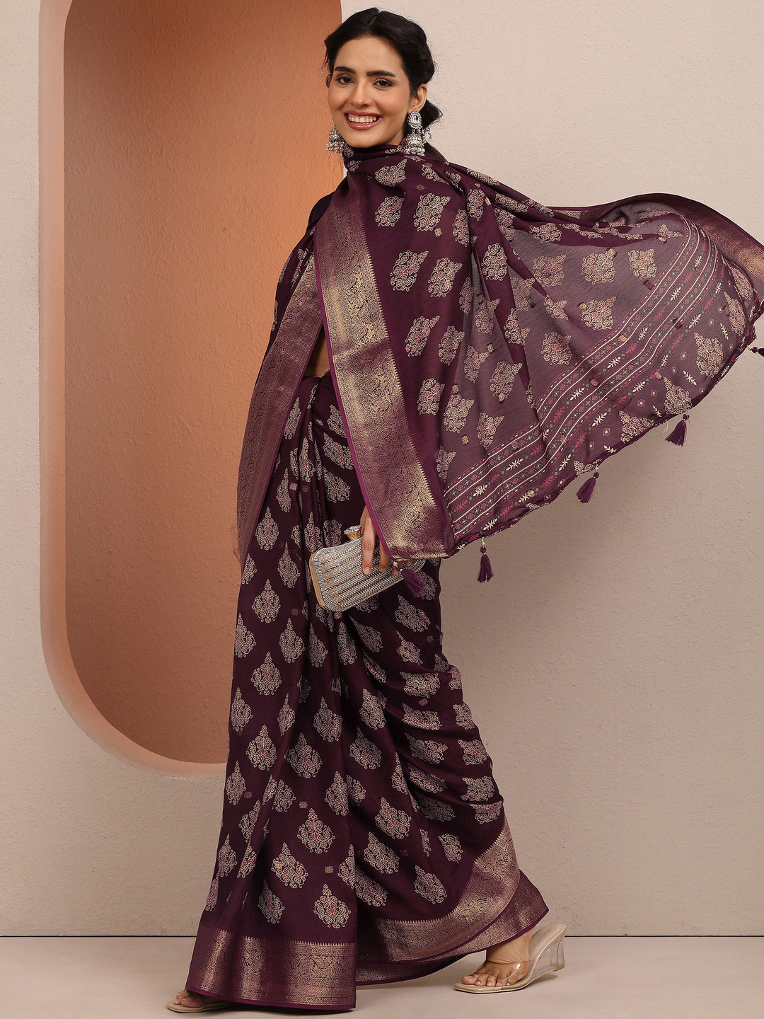  Maroon Printed Silk Blend Saree With Unstitched Blouse Piece 