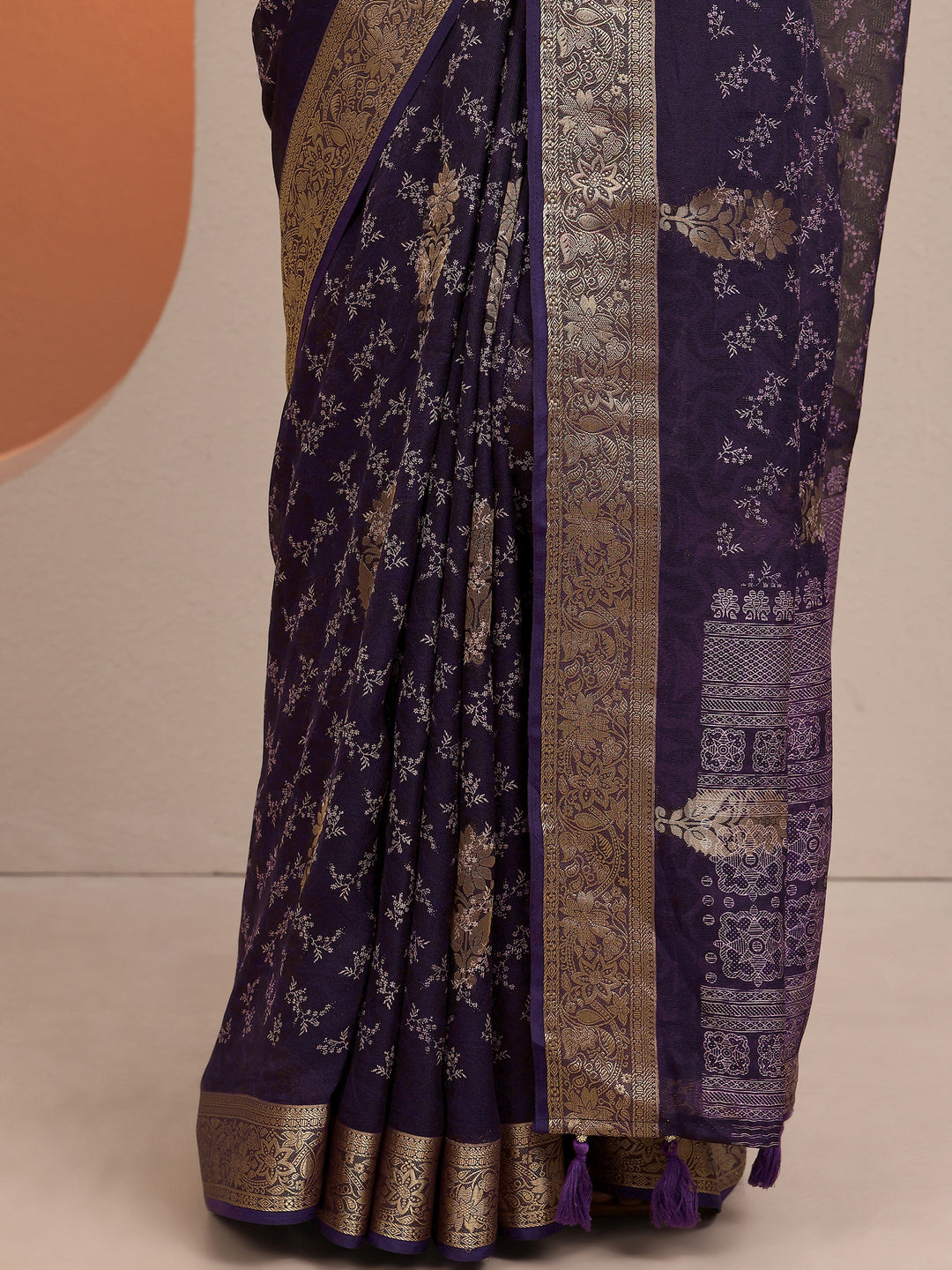  Purple Printed Silk Blend Saree With Unstitched Blouse Piece 