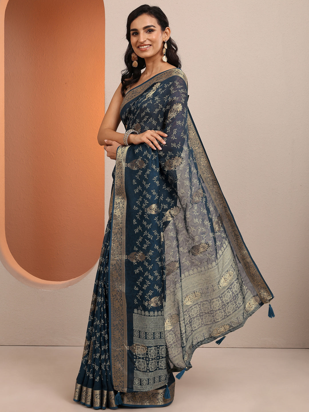  Blue Printed Silk Blend Saree With Unstitched Blouse Piece 