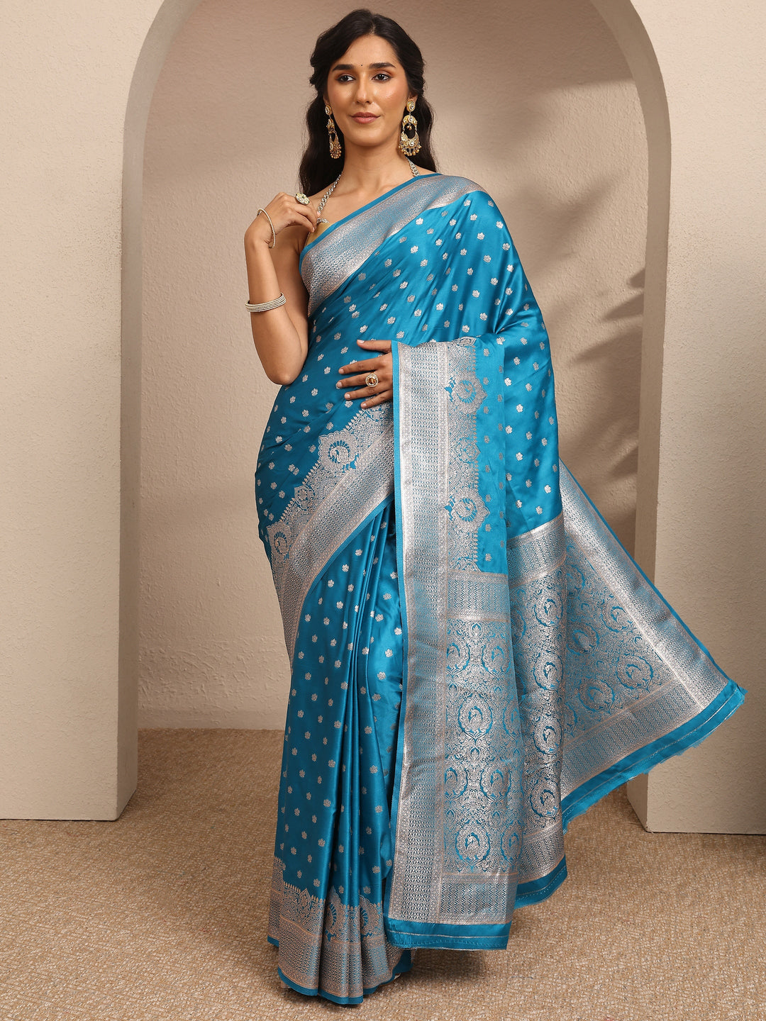  Blue Embroidered Silk Blend Saree With Unstitched Blouse Piece 