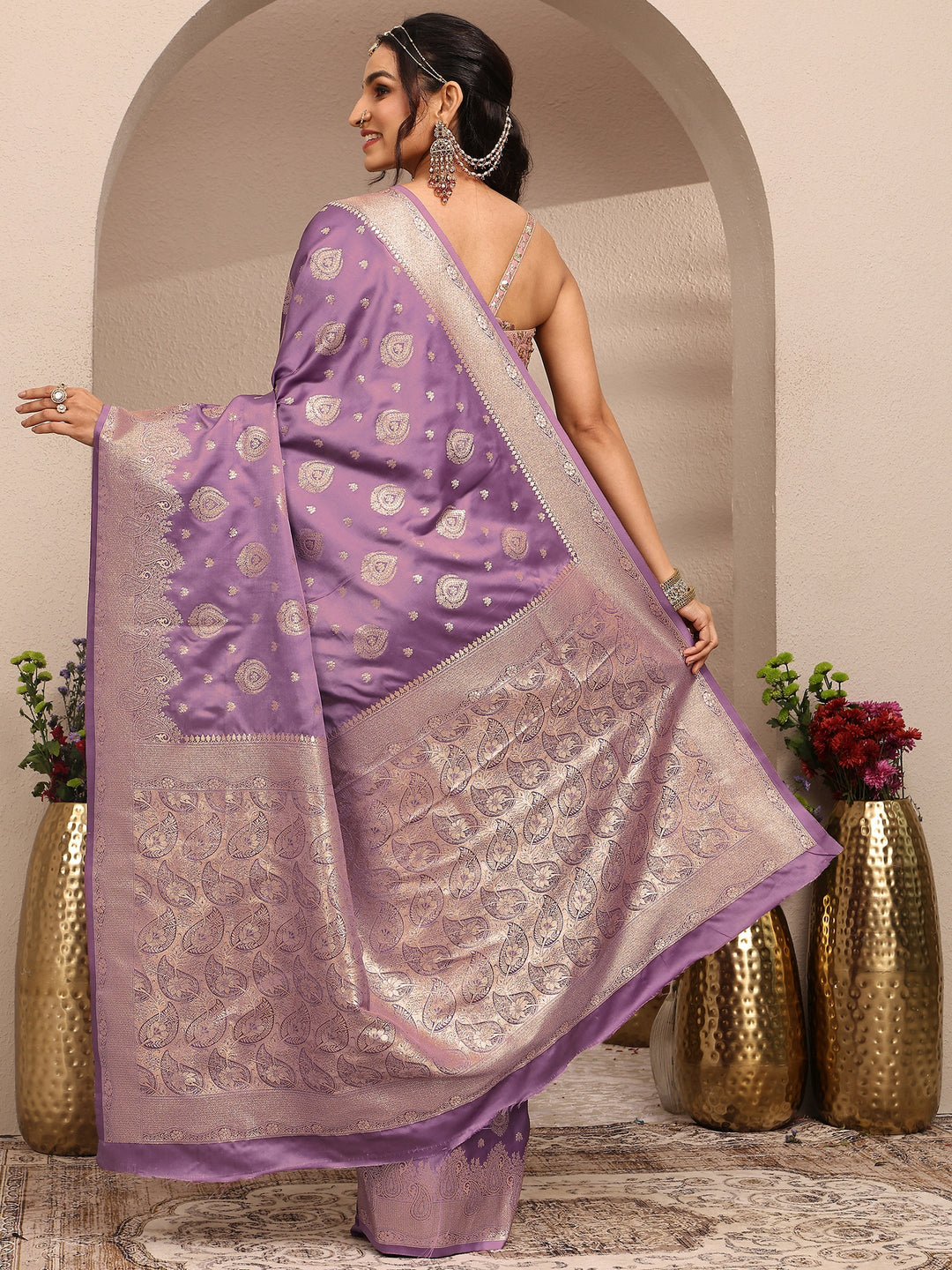  Purple Woven Design Banarsi Silk Blend Saree With Unstitched Blouse Piece 