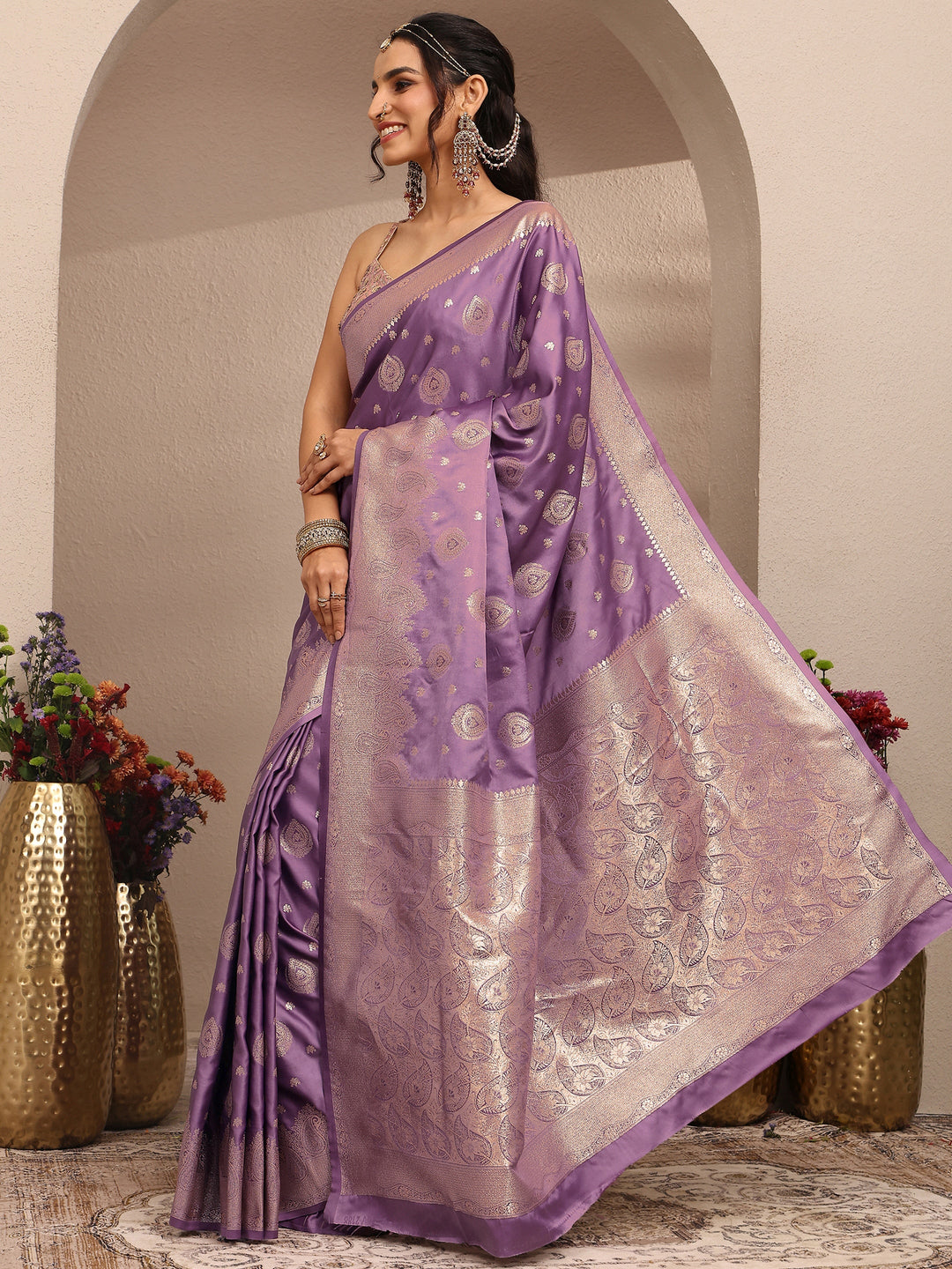 Purple Woven Design Banarsi Silk Blend Saree With Unstitched Blouse Piece 