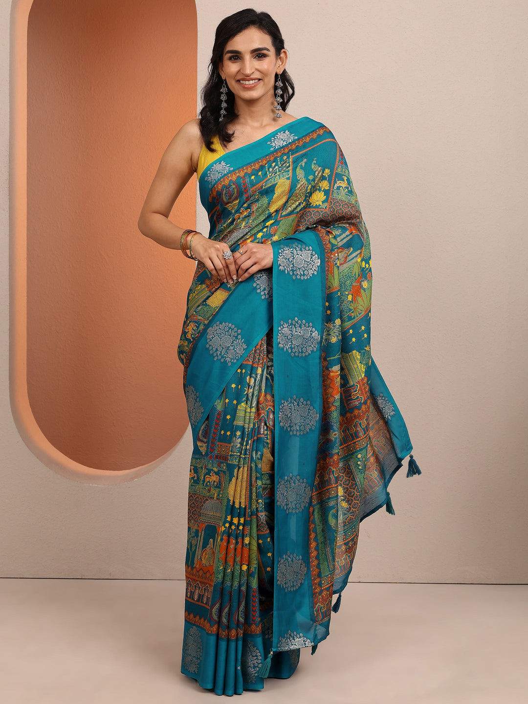 Blue Printed Silk Blend Saree With Unstitched Blouse Piece