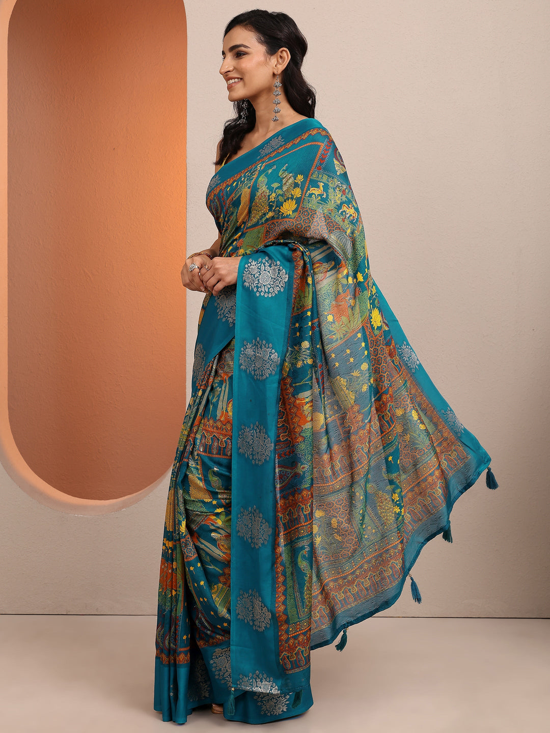 Blue Printed Silk Blend Saree With Unstitched Blouse Piece 