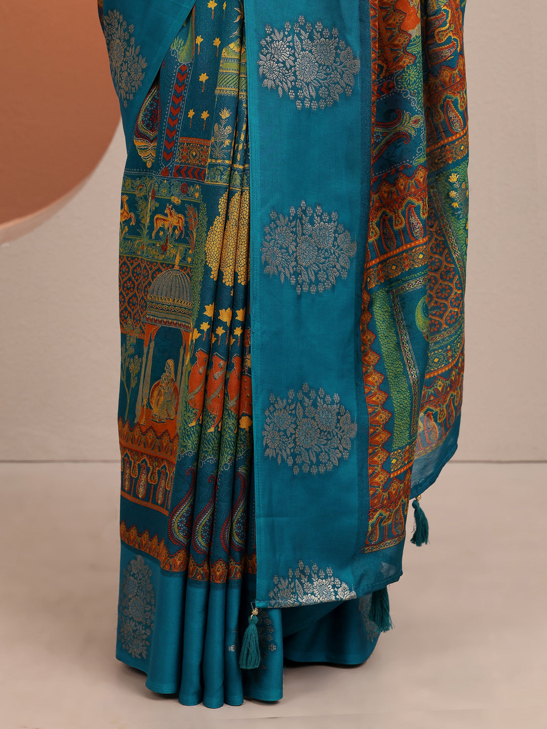  Blue Printed Silk Blend Saree With Unstitched Blouse Piece 