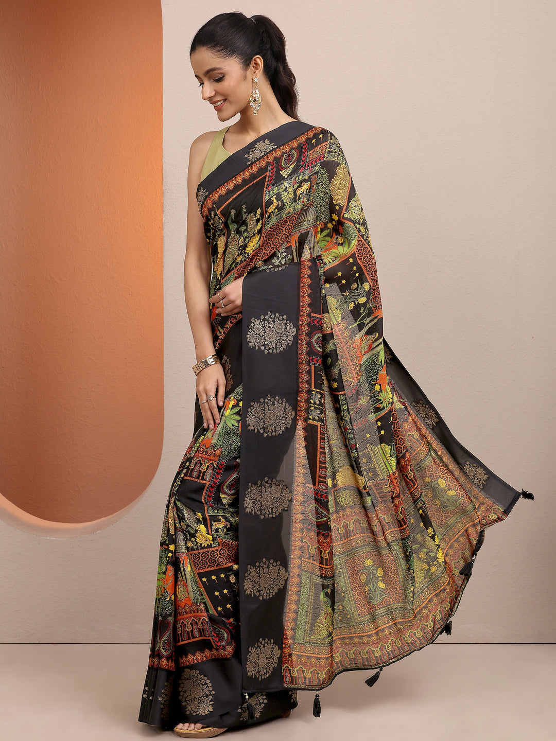 Black Printed Silk Blend Saree With Unstitched Blouse Piece 