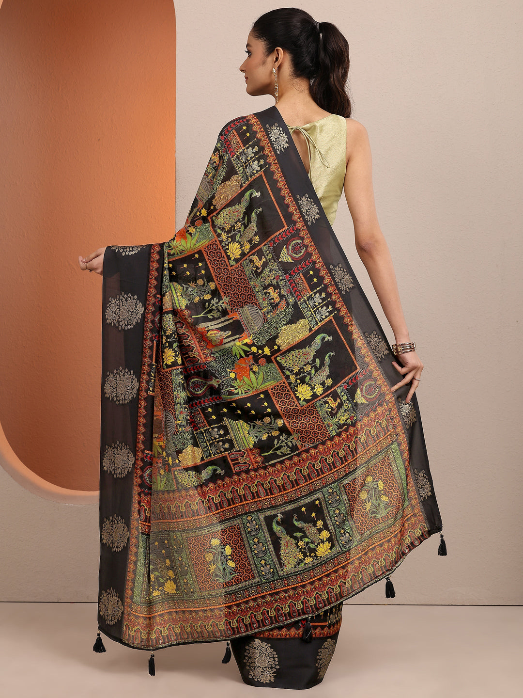  Black Printed Silk Blend Saree With Unstitched Blouse Piece 