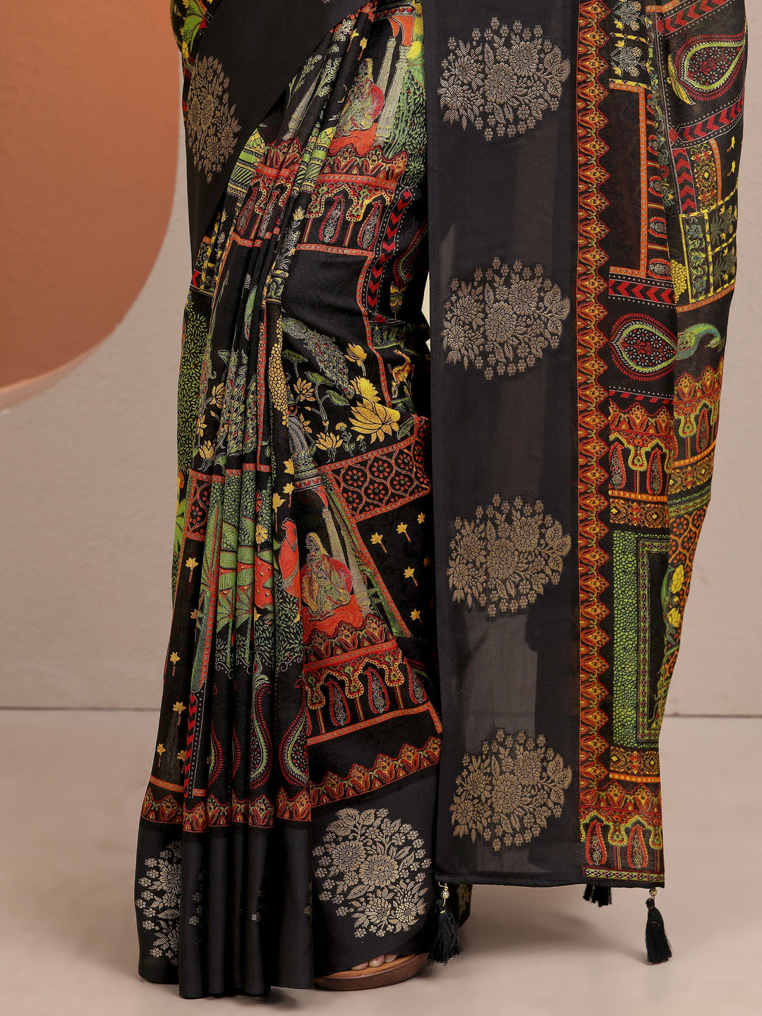  Black Printed Silk Blend Saree With Unstitched Blouse Piece 