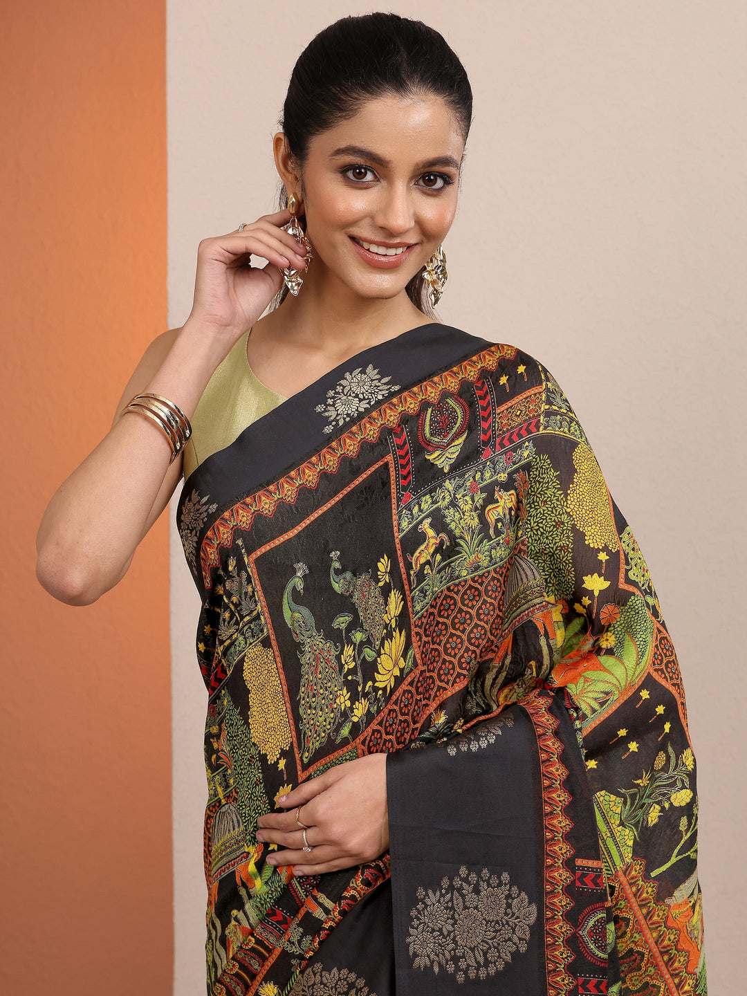  Black Printed Silk Blend Saree With Unstitched Blouse Piece 