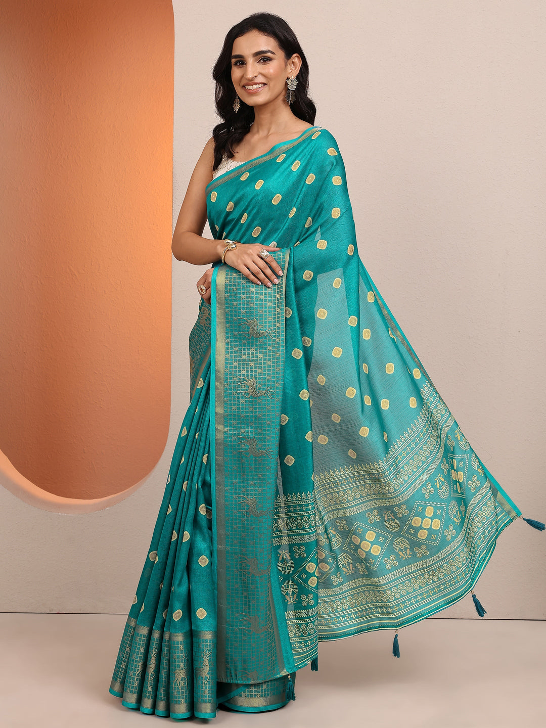 Blue Printed Silk Blend Saree With Unstitched Blouse Piece 