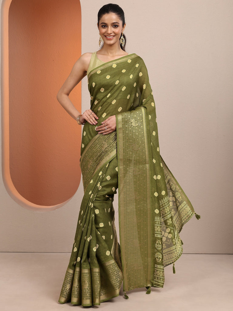 Libas Olive Printed Silk Blend Saree With Unstitched Blouse Piece