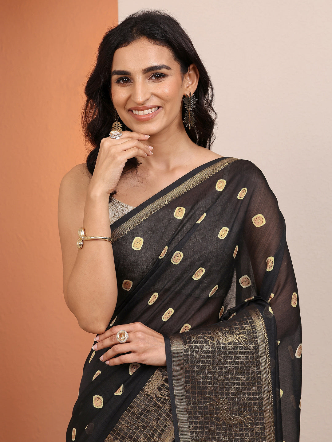  Black Printed Silk Blend Saree With Unstitched Blouse Piece 