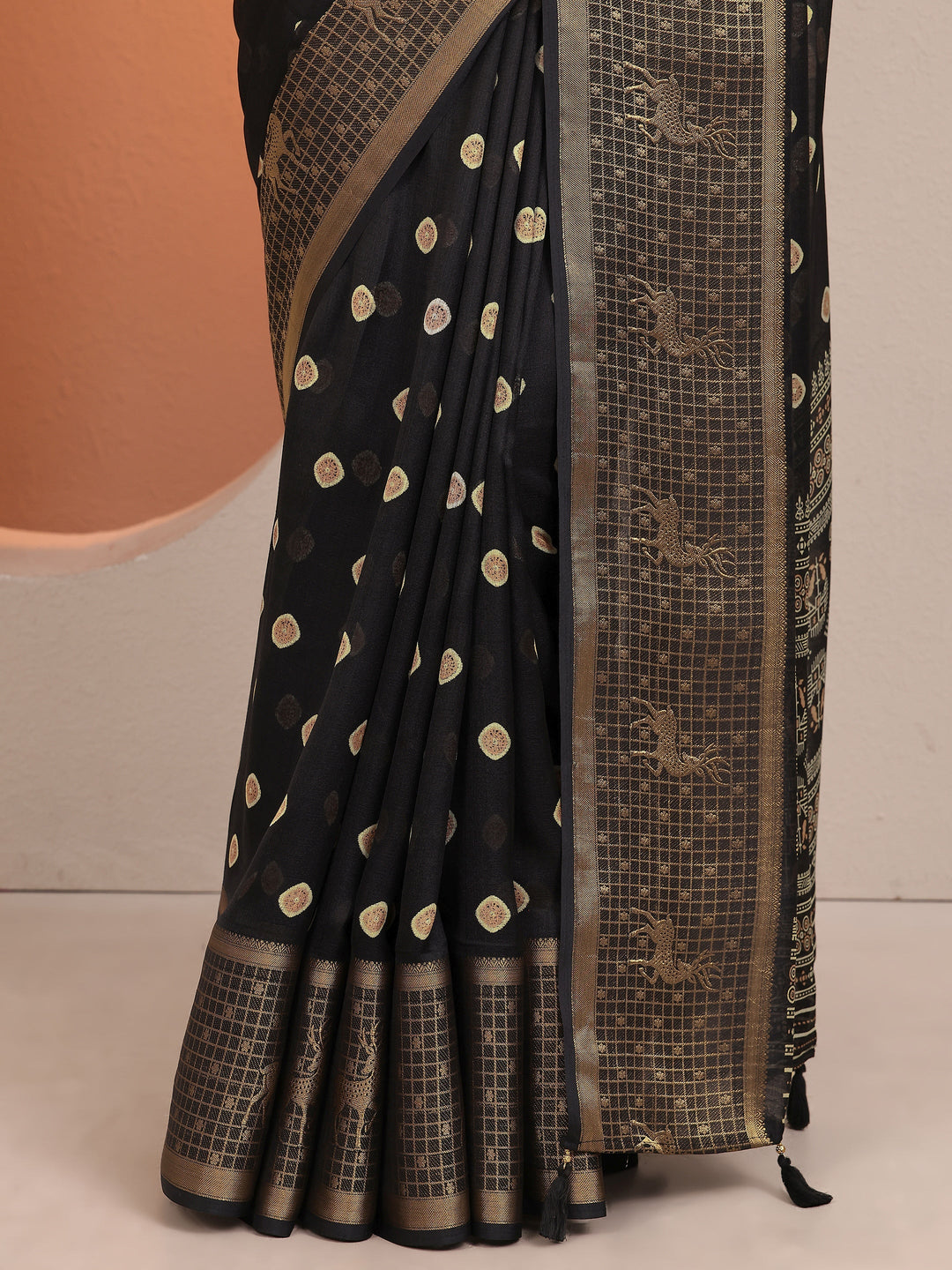  Black Printed Silk Blend Saree With Unstitched Blouse Piece 