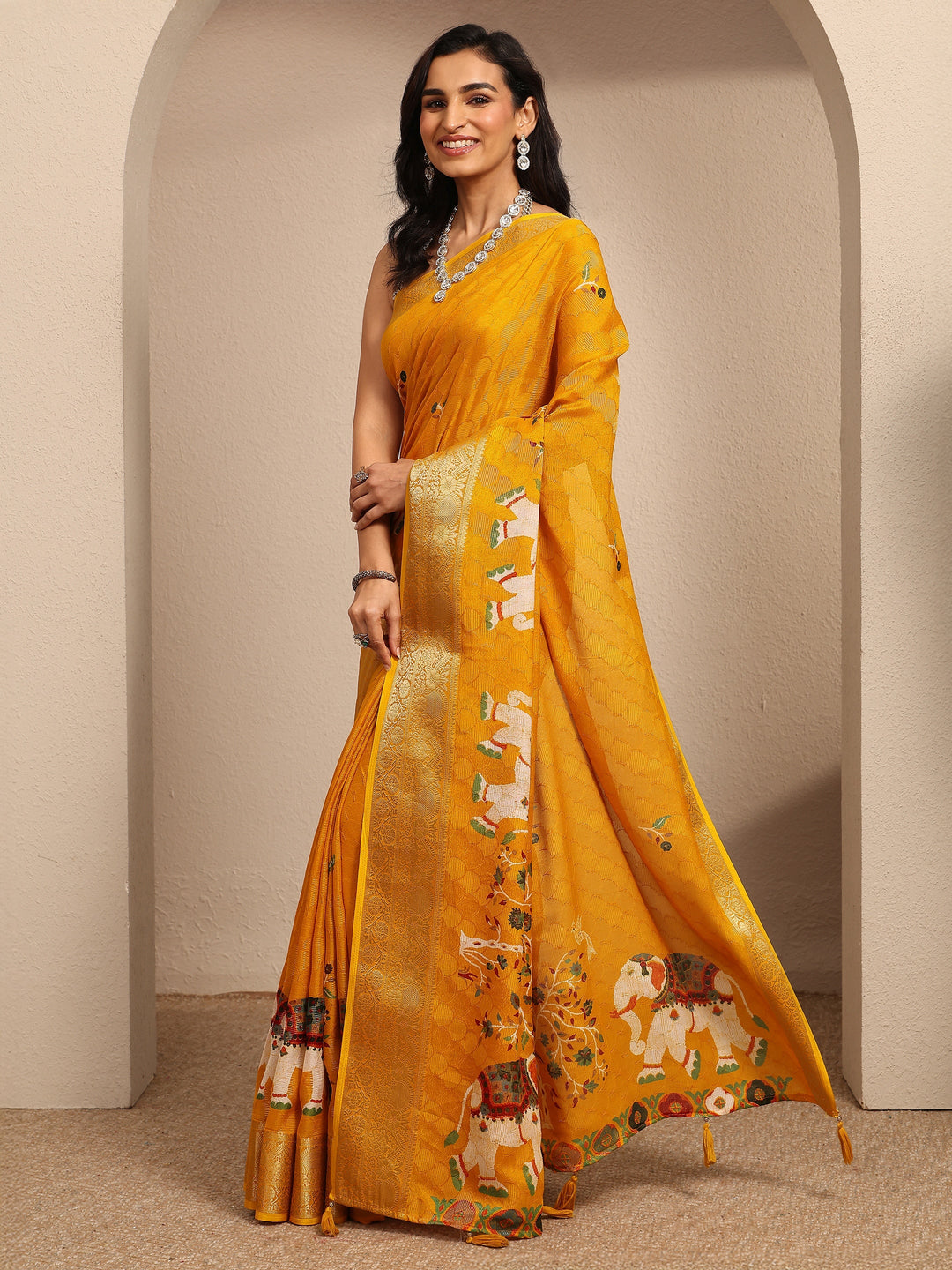  Mustard Woven Design Silk Blend Saree With Unstitched Blouse Piece 